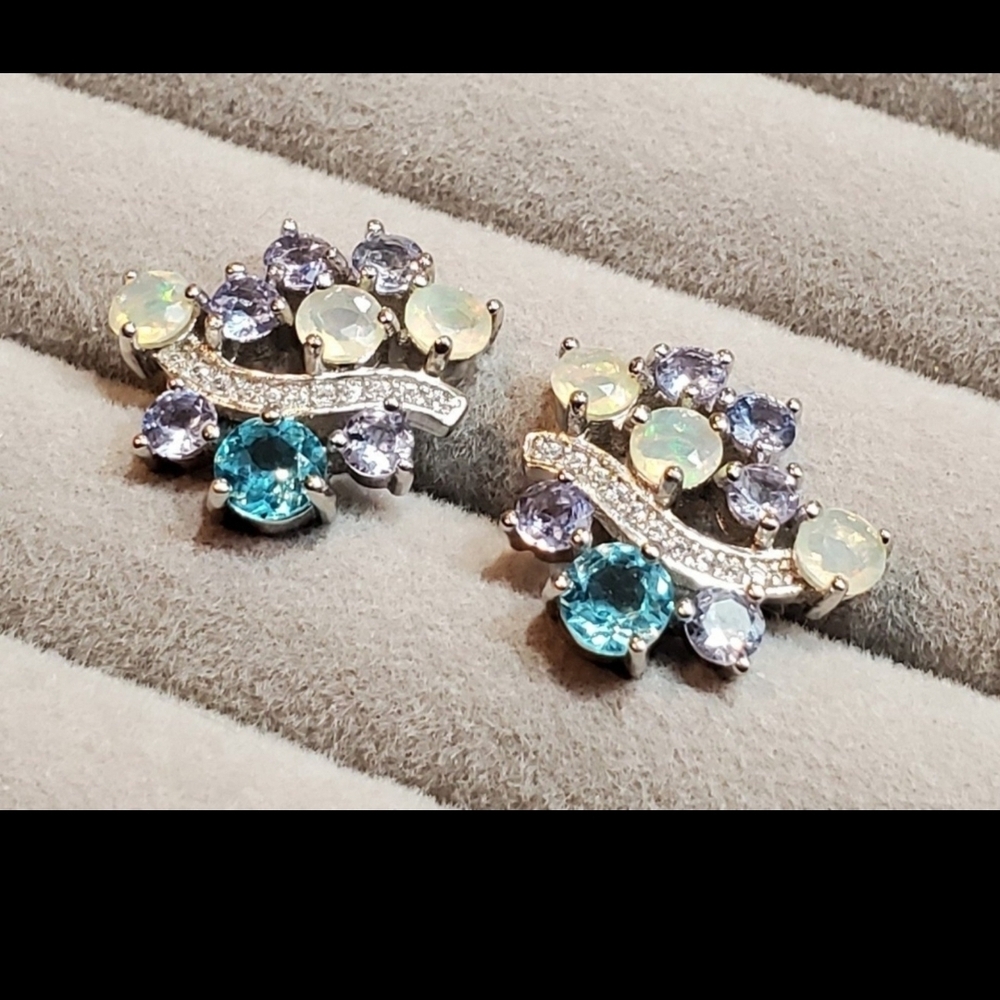 Dazzling Silver OPAL,Tanzanite and Blue APATITE Earrings.